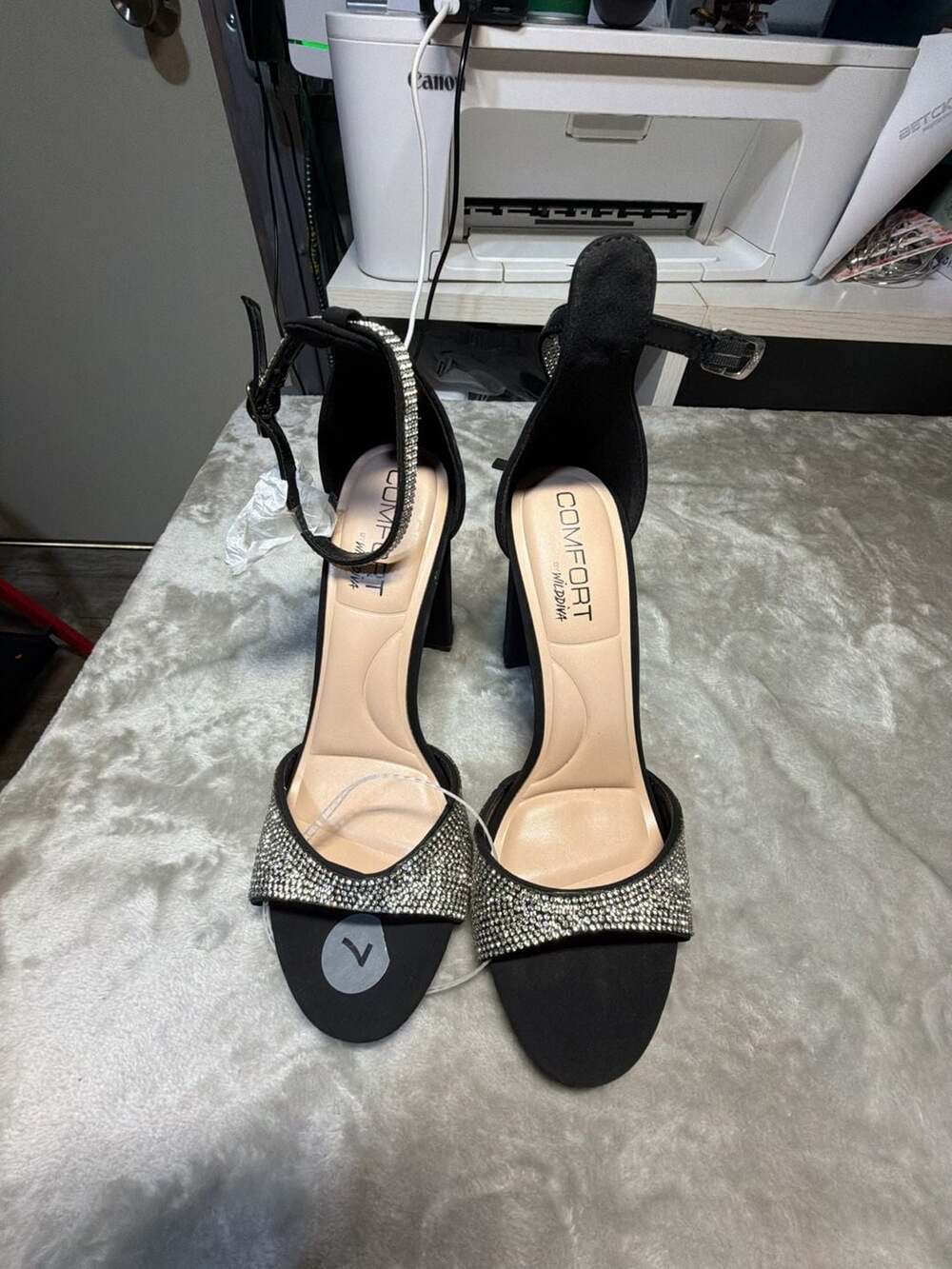 Comfort by Wild Diva Black Rhinestone Ankle Strap Block Heel Sandals